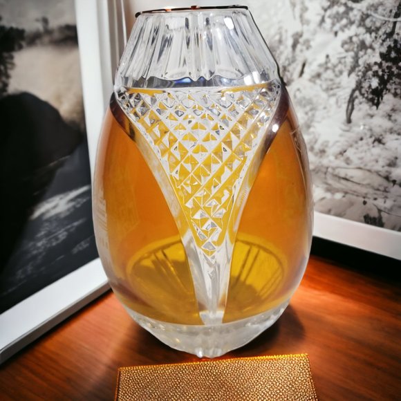 Rare Bohemian 24% Lead Crystal Amber Vase Oval Hand Cut in Poland Cut to Clear - Picture 2 of 10